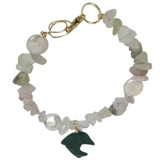 Gold Plated Cultured Freshwater Pearl Pink Quartz Clear Quartz Jade Bracelet - Picture 1 of 3